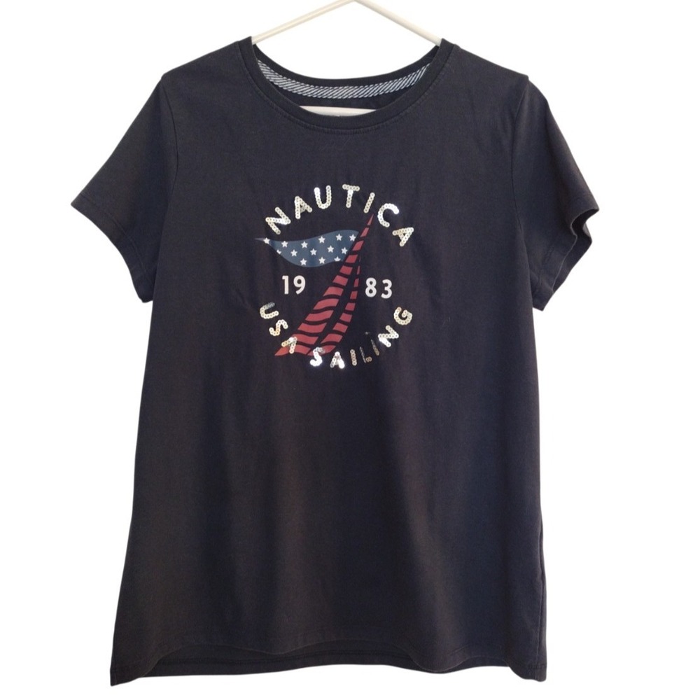 Náutica 1983 Usa Seiling Tee Women Large‎ Navy Sustainable Crafted